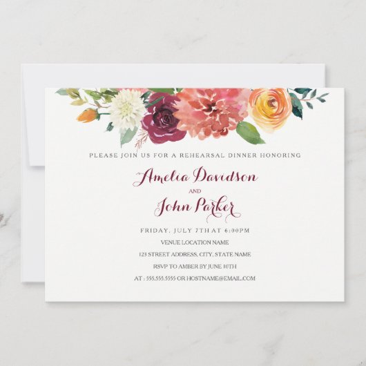 秋の水彩花柄 ウェディング リハーサル ディナー 招待状 (正面)