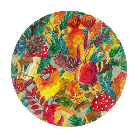 秋の水彩離れのキノコ型 カッティングボード (正面)