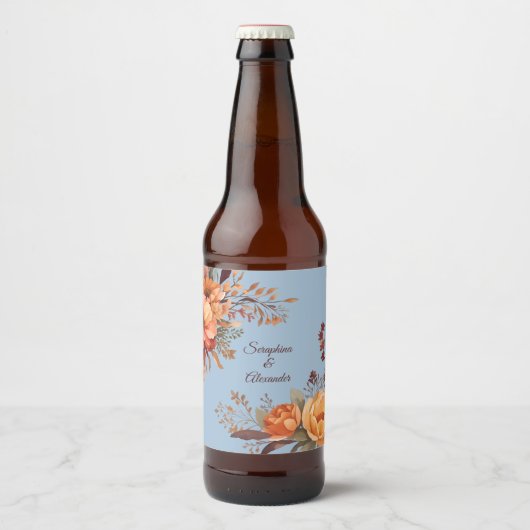 秋の水彩風フラワーモチーフの結婚式 ビールラベル (正面)