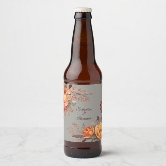 秋の水彩風フラワーモチーフの結婚式 ビールラベル (正面)
