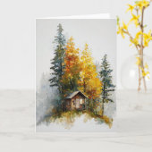 秋の水色の葉 カード (黄色い花)