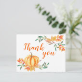 秋の水色オレンジカボチャ葉ンサンキュー ポストカード (スタンド正面)