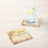 秋の水色フローラテラコッタイエロー結婚ズ スクエアペーパーコースター (インサイチュ)