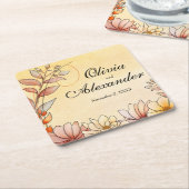秋の水色フローラテラコッタイエロー結婚ズ スクエアペーパーコースター (アングル)