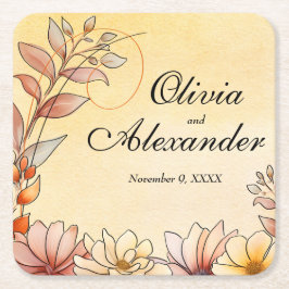 秋の水色フローラテラコッタイエロー結婚ズ スクエアペーパーコースター