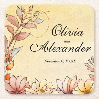秋の水色フローラテラコッタイエロー結婚ズ スクエアペーパーコースター