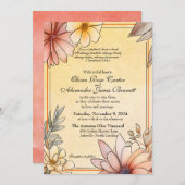 秋の水色フローラテラコッタイエロー結婚ズ 招待状 (正面/裏面)