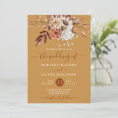 秋の水色フローラ金ゴールドQRコード結婚s 招待状 (スタンド正面)