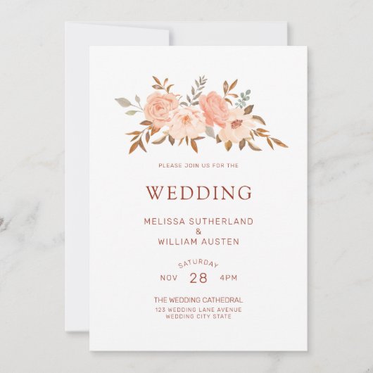 秋の水色フローラ銅アイボリー結婚ズ 招待状 (正面)