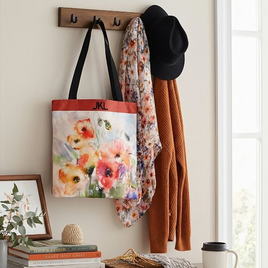 秋の水色ポピー・モノグラム トートバッグ