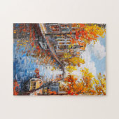 秋の水路のボートとカラフルな家々の絵画 ジグソーパズル (横)