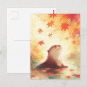 秋の水辺の遊び心あふれるカワウソ ポストカード (正面/裏面)