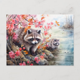 秋の池に近いアライグマの風景 シーズンポストカード