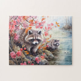 秋の池に近いアライグマの風景 ジグソーパズル