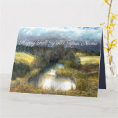 秋の池の水の色絵画の カード (黄色い花)