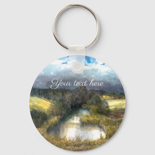 秋の池の水の色絵画の キーホルダー (正面)