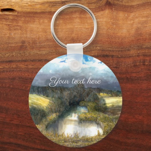 秋の池の水の色絵画の キーホルダー (正面)