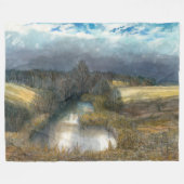 秋の池の水の色絵画の フリースブランケット (正面(横))