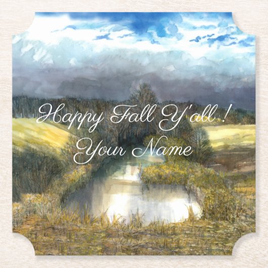 秋の池の水の色絵画の ペーパーコースター (正面)