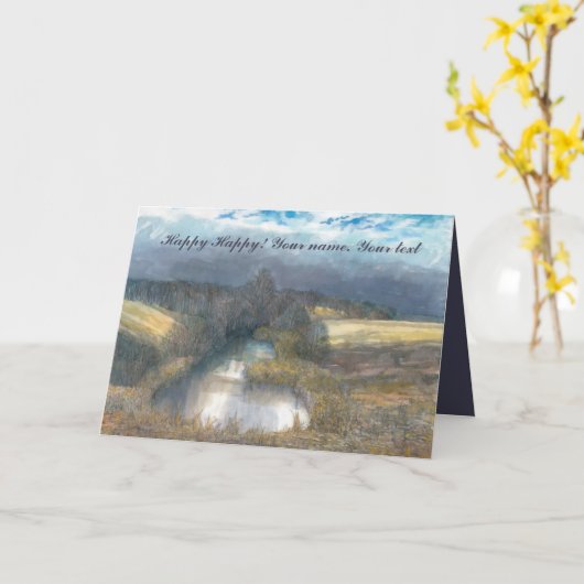 秋の池の水色 カード (黄色い花)