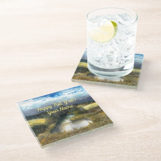 秋の池の水色 ガラスコースター (アングル)