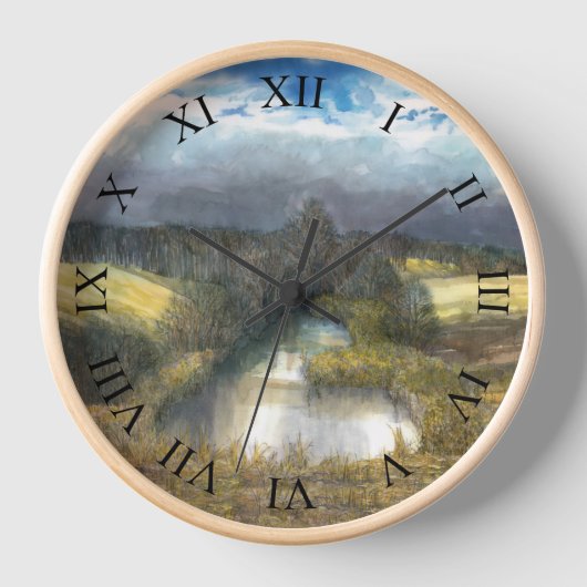 秋の池の水色 壁時計 (正面)