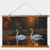 秋の池を優雅に走る白い白鳥 吊り下げ型タペストリー (正面)