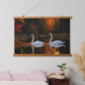秋の池を優雅に走る白い白鳥 吊り下げ型タペストリー (寝室)