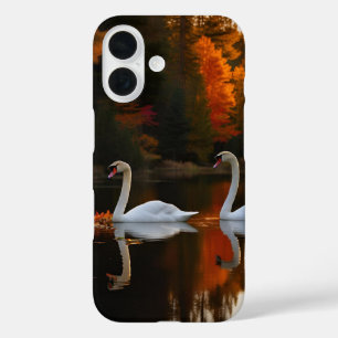 秋の池を優雅に走る白い白鳥 iPhone 16ケース
