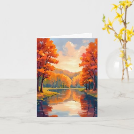 秋の池 | 秋の紅葉 水彩画 自然 カード (黄色い花)