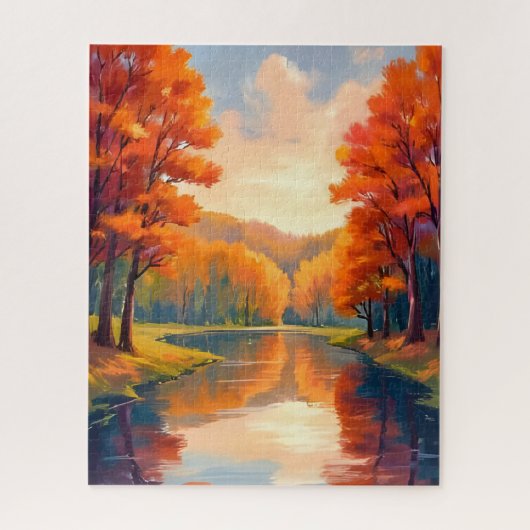 秋の池 | 秋の紅葉 水彩画 自然 ジグソーパズル (縦)