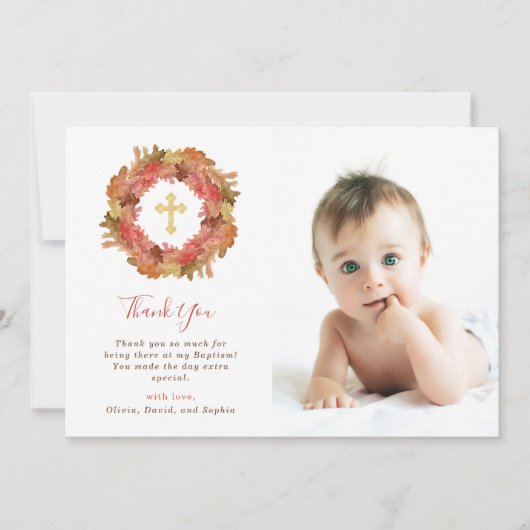 秋の洗礼|の紅葉および金ゴールドの十字の写真 サンキューカード (正面)