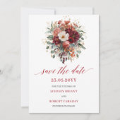 秋の深紅とゴールドの花模様の結婚式延期通知カード セーブザデート (正面)