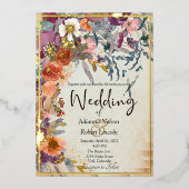 秋の混合水色フローラ結婚ズ 箔招待状 (正面)