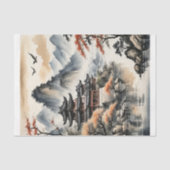 秋の湖に佇む日本の塔の墨絵 -  薄葉紙 (正面)
