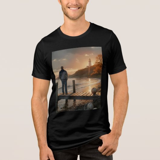 秋の灯台桟橋 海岸の落ち着き トライブレンドTシャツ (正面)