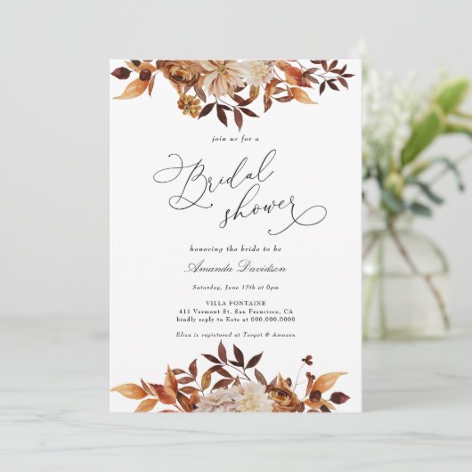秋の焦げオレンジフローラボホブライダルシャワー 招待状 (スタンド正面)