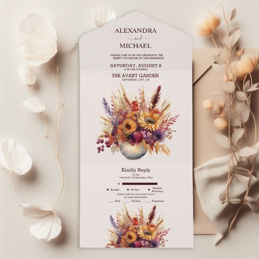 秋の焼きオレンジ色の水彩パンパス草の結婚式 オールインワン招待状