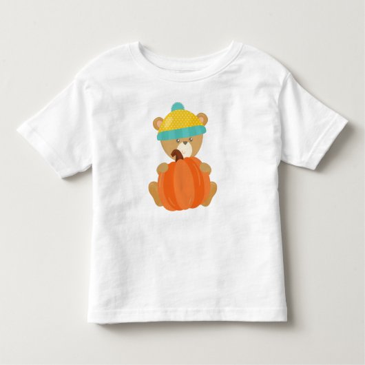 秋の熊，かわいい熊，帽子をかぶった熊，かぼちゃを トドラーTシャツ (正面)