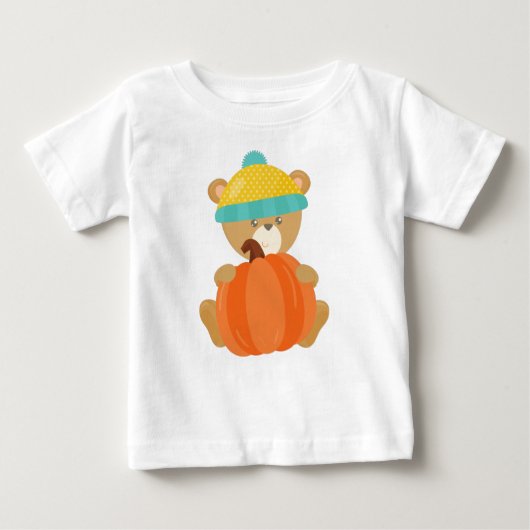 秋の熊，かわいい熊，帽子をかぶった熊，かぼちゃを ベビーTシャツ (正面)