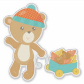 秋の熊,かわいい熊,帽子をかぶった熊,葉 シール (正面)