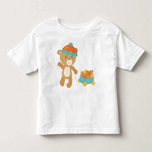 秋の熊，かわいい熊，帽子をかぶった熊，葉 トドラーTシャツ (正面)