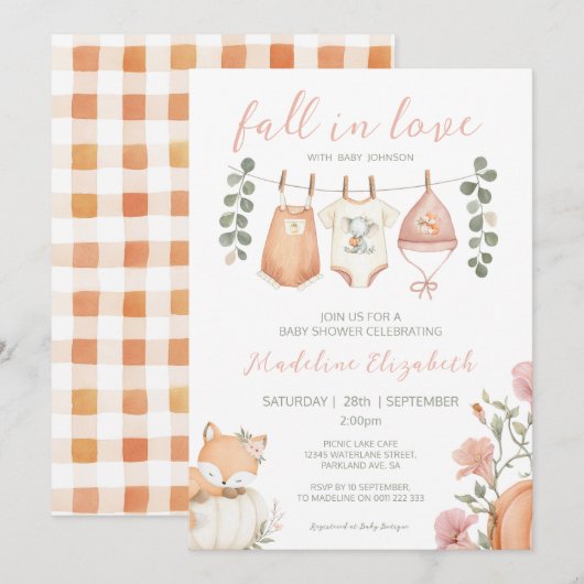 秋の物干しロープ ベビーシャワー Fall In Love 招待状 (正面/裏面)