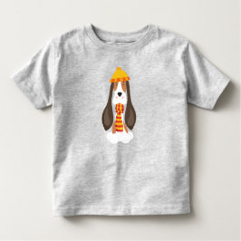 秋の犬、かわいい犬、バスセットハウンド、スカーフ、帽子 トドラーTシャツ