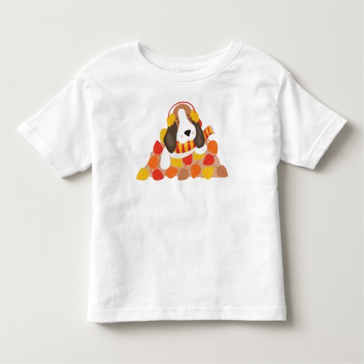 秋の犬、かわいい犬、バセットハウンド、紅葉 トドラーTシャツ (正面)