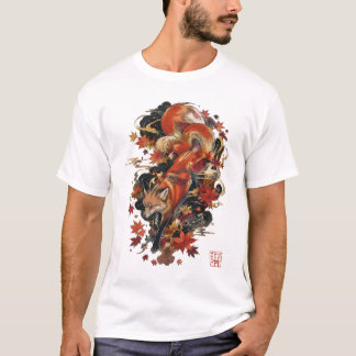 秋の狐の日本神話デザイン Tシャツ