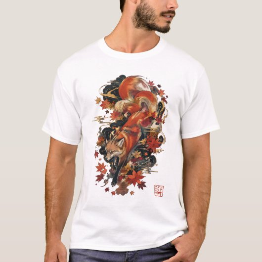 秋の狐の日本神話デザイン Tシャツ (正面)