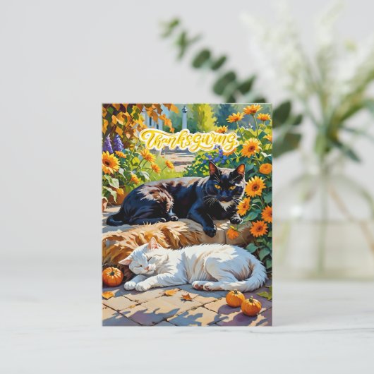 秋の猫とカボチャの庭の風景 ポストカード (スタンド正面)