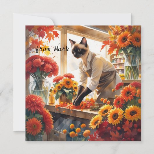 秋の猫と花 – 秋シーズングリーティング シーズンカード (正面)