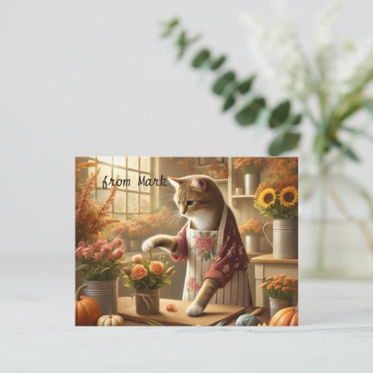 秋の猫と花 – 秋シーズングリーティング シーズンポストカード (スタンド正面)